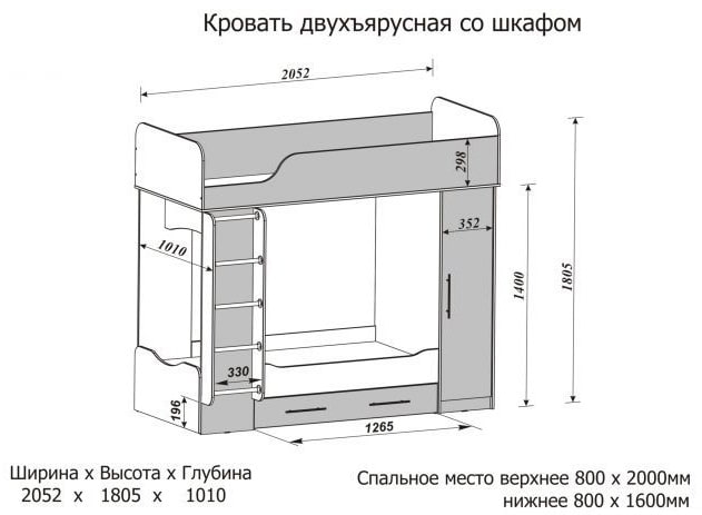 розміри двох'ярусної ліжка для дітей